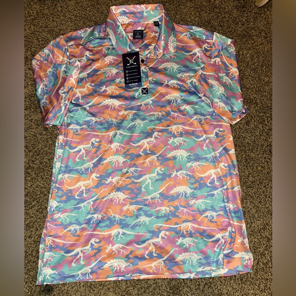 Construct Golf Polo Shirt Mens XL Dinosaurs Camo Camouflage Pastels